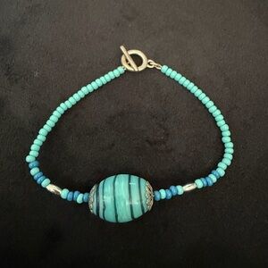 Aqua Beaded Bracelet with Striped Glass Bead